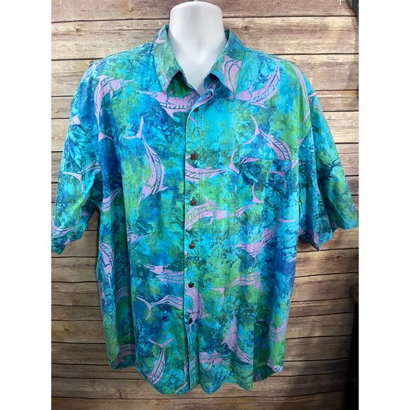 Vintage Straight Down Shirt Mens XL Green Blue Tie Dye Abstract Sword Fish - Picture 1 of 9